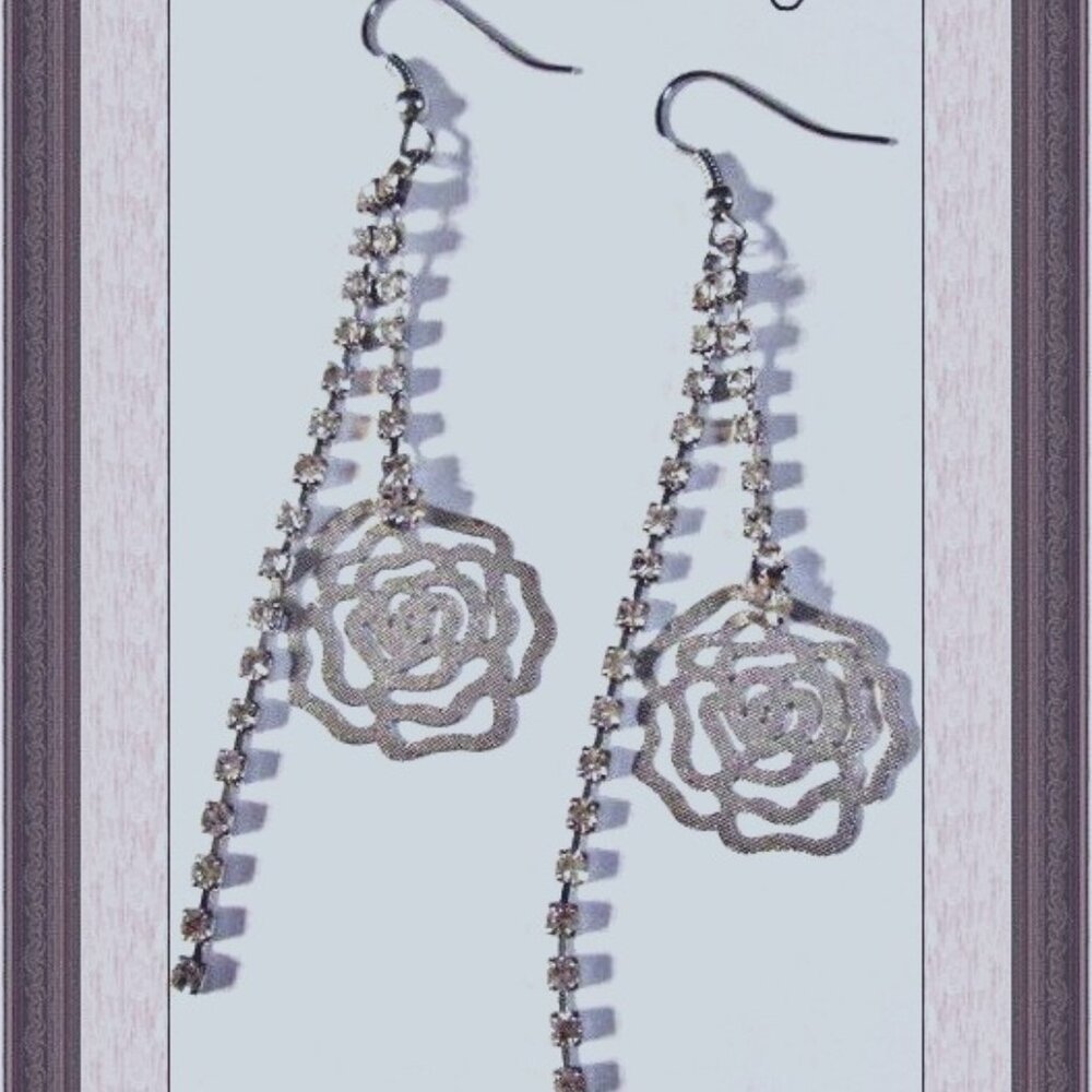 Silver Tone Dangle Earrings With Flower Designs & Clear Crystals